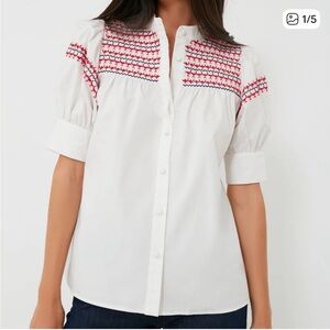 NWOT The Shirt by Rochelle Behrens White Top with Red and Blue Embroidery